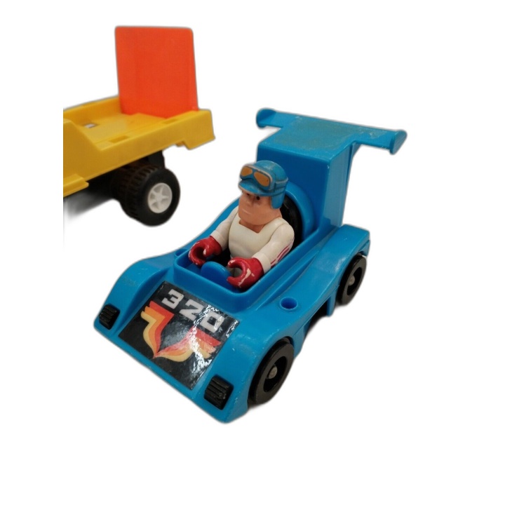 Playmobil Vintage Camion Plateau Jaune + Voiture Course Bleue 2 Figuri