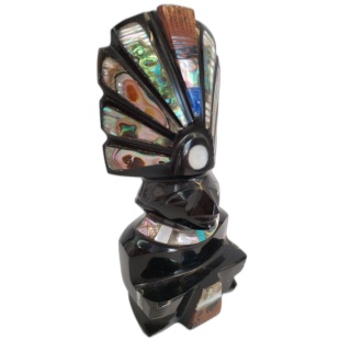 Statue Figurine Aztèque Obsidienne Noire Incrustée Nacre & Pierres - 1