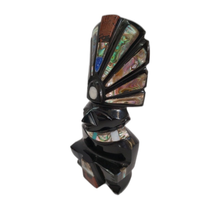 Statue Figurine Aztèque Obsidienne Noire Incrustée Nacre & Pierres - 1