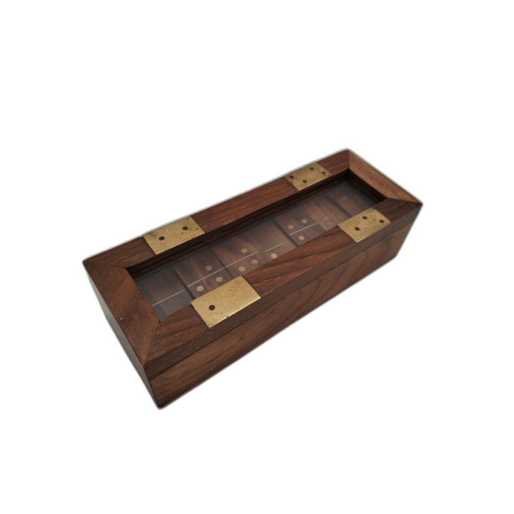 Jeu de Dominos Double 6 - Coffret Bois Noyer & Métal Doré - Complet Tr