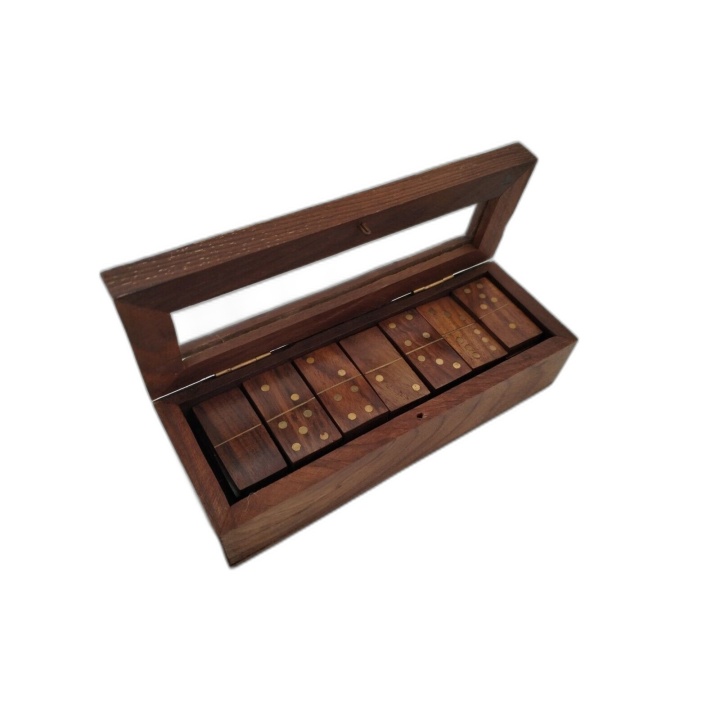 Jeu de Dominos Double 6 - Coffret Bois Noyer & Métal Doré - Complet Tr