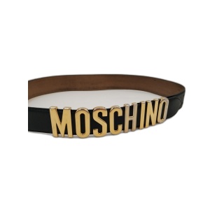 Ceinture Moschino Vintage Cuir Noir Lettres Dorées - Taille 83 - Made