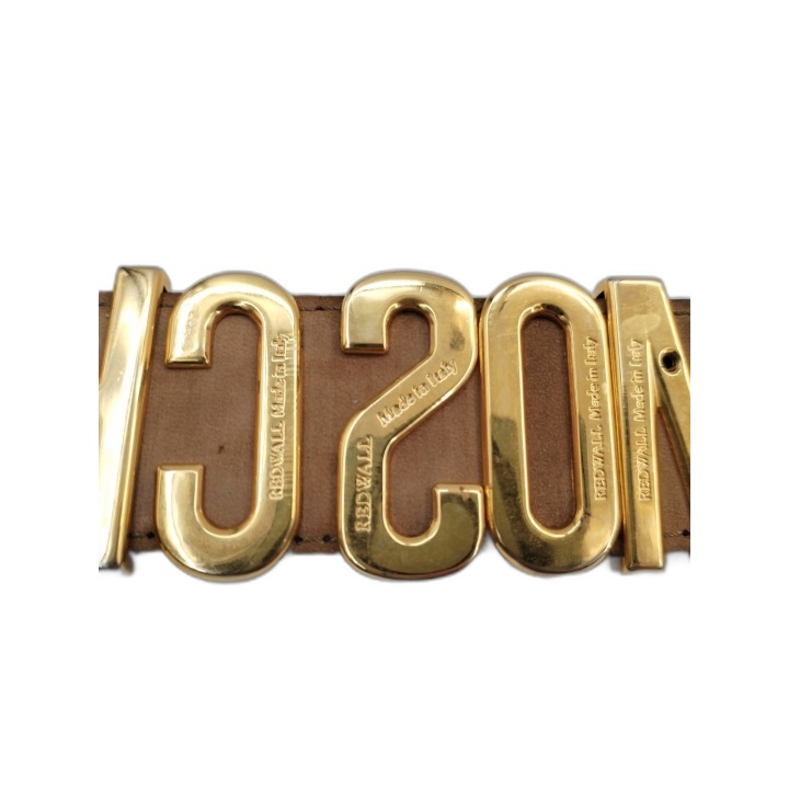 Ceinture Moschino Vintage Cuir Noir Lettres Dorées - Taille 83 - Made