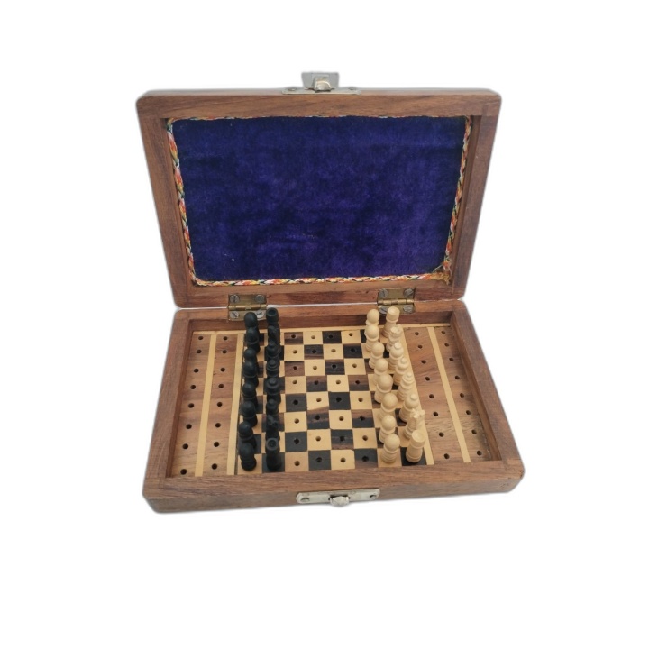 Échecs de Voyage Miniature Vintage en Bois - Coffret Artisanal Pions C