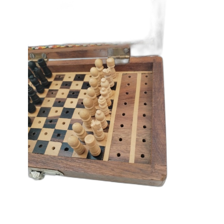 Échecs de Voyage Miniature Vintage en Bois - Coffret Artisanal Pions C