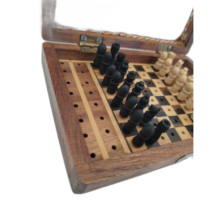 Échecs de Voyage Miniature Vintage en Bois - Coffret Artisanal Pions C