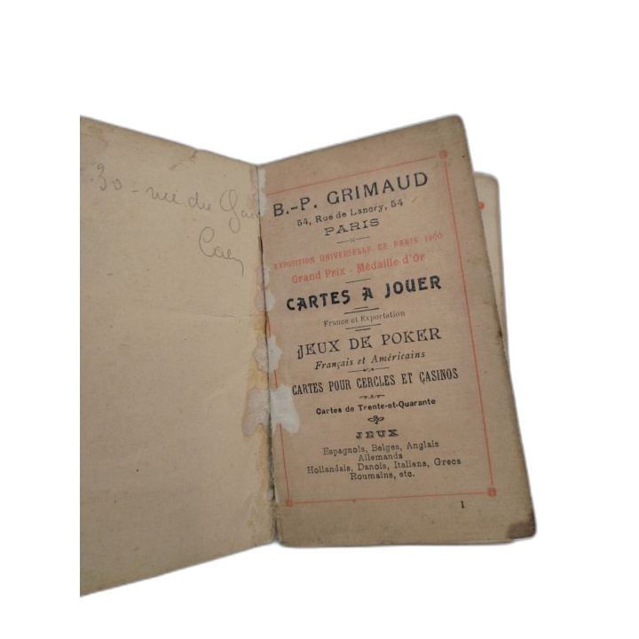 Jeu de Cartes Ancien BP Grimaud Paris - 54 Rue de Lancry - Collection