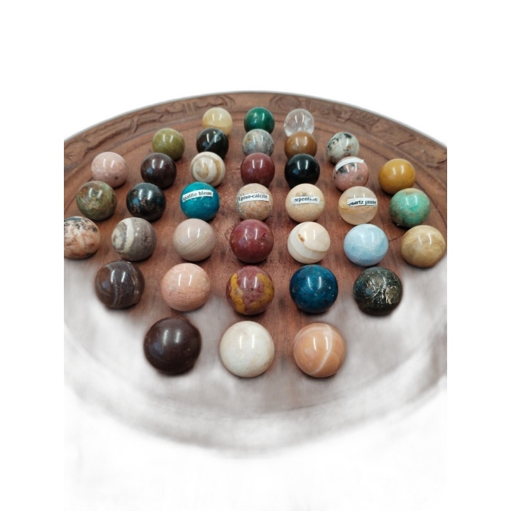 Solitaire Bois Sculpté Billes Pierres Semi-Précieuses - Plateau 36cm -